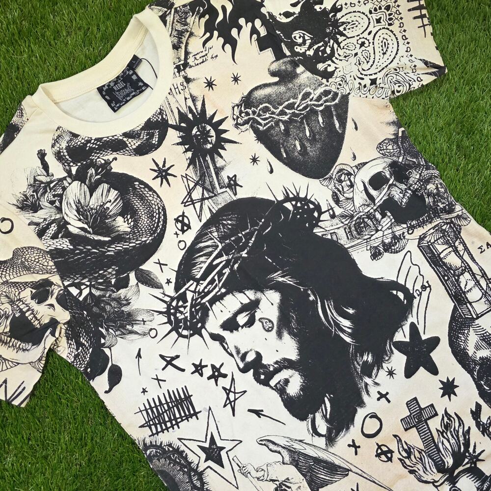 Rebel Vengeance Religious Jesus Tatto AOP Graphic Tee Men's Sz Large T-Shirt New